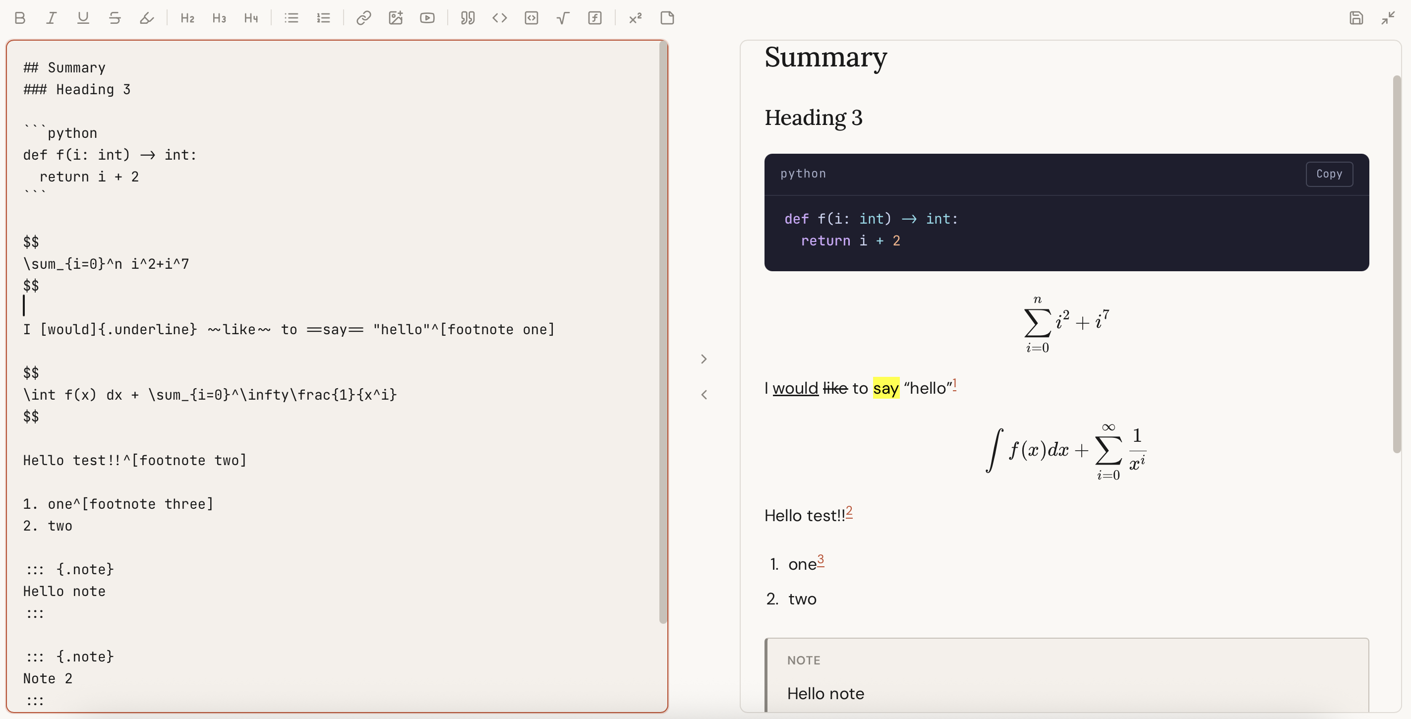 Fullscreen editor showing Markdown on the left and the rendered preview on the right, with highlighted text, a syntax-highlighted code block, LaTeX formulas, a footnote, and a note callout