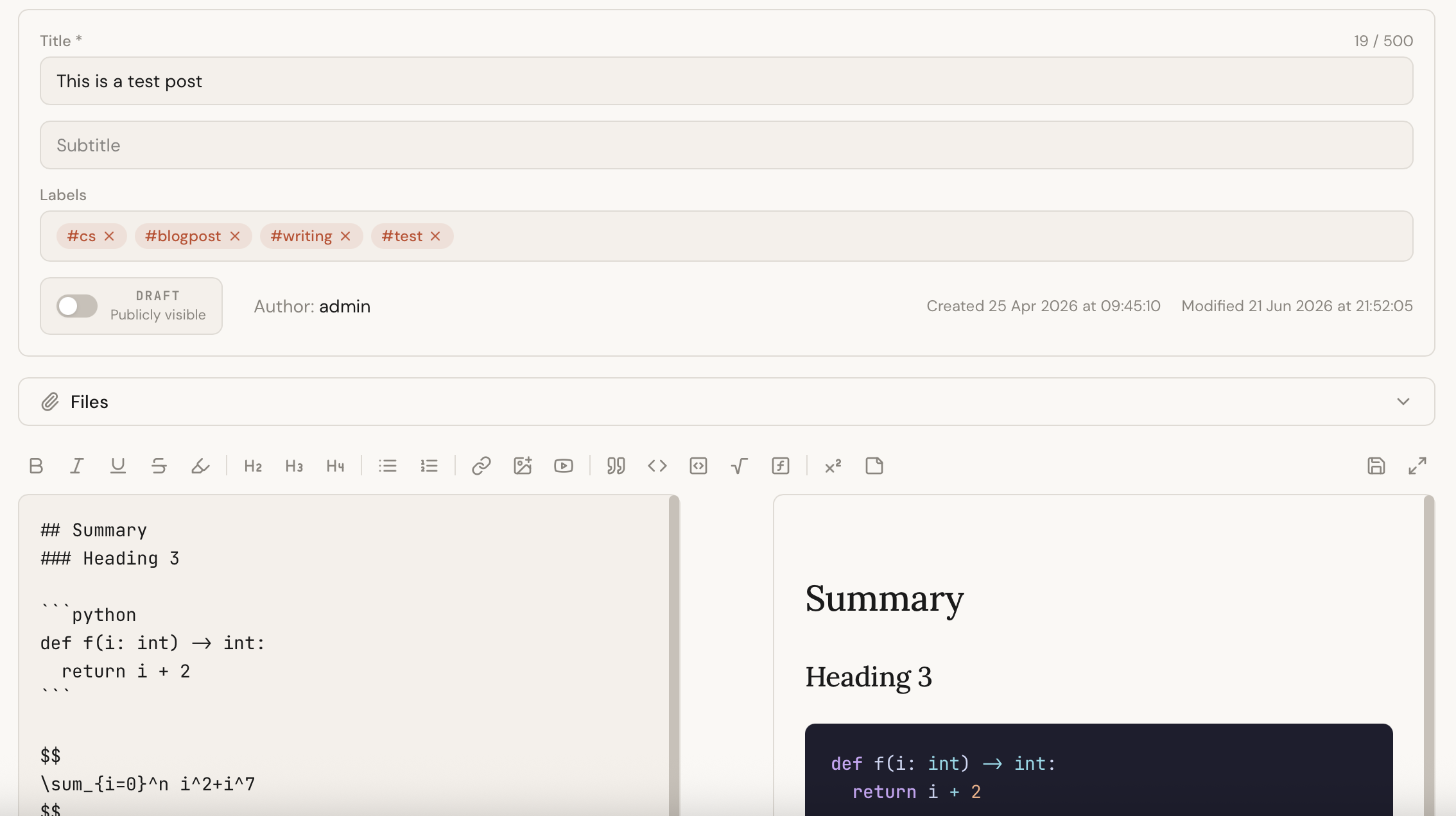 The AgBlogger post editor showing the title, subtitle, labels, draft toggle, and the formatting toolbar above a split Markdown and preview view